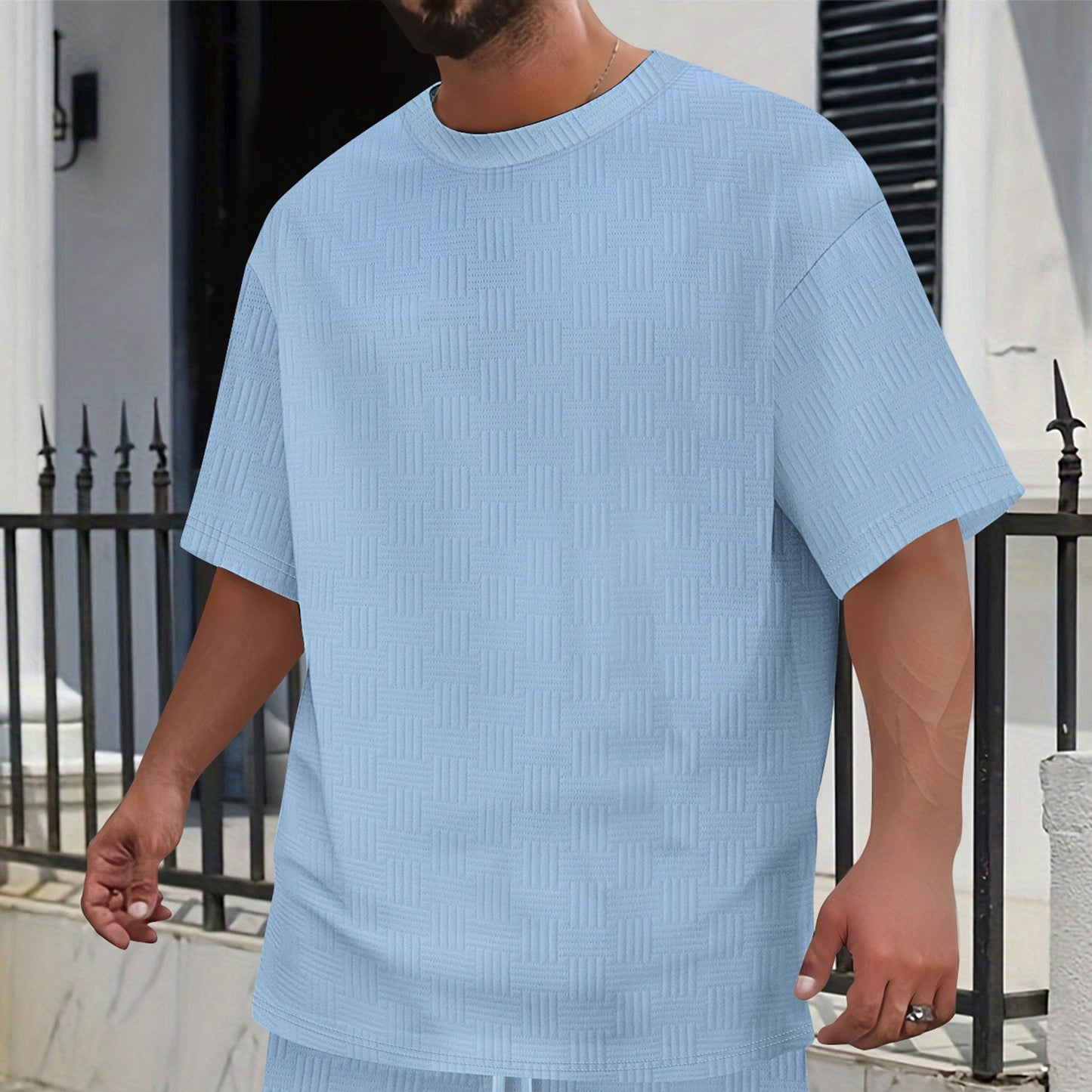 Mens Solid-Color Casual Simple Breathable Jacquard Loose Crew-Neck Short-Sleeve Shirt