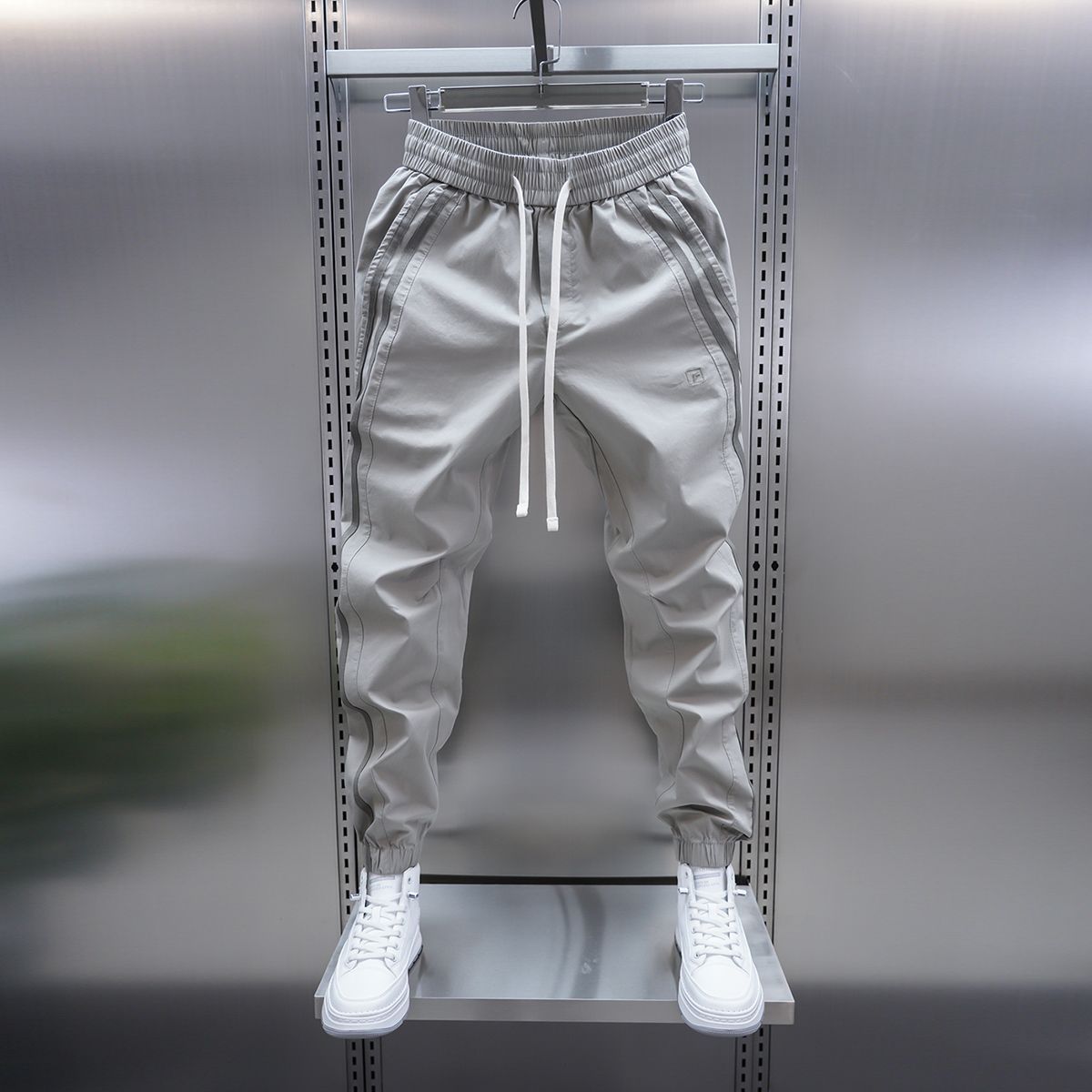 Mens Solid-Color Striped Loose Casual Pants