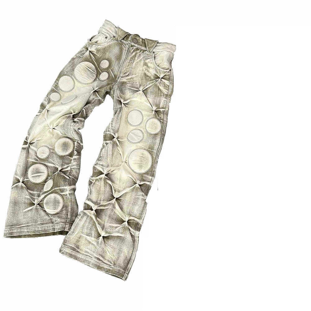 Heavy-wash Faded And Distressed Loose-fit Embroidered Casual Padded Pants