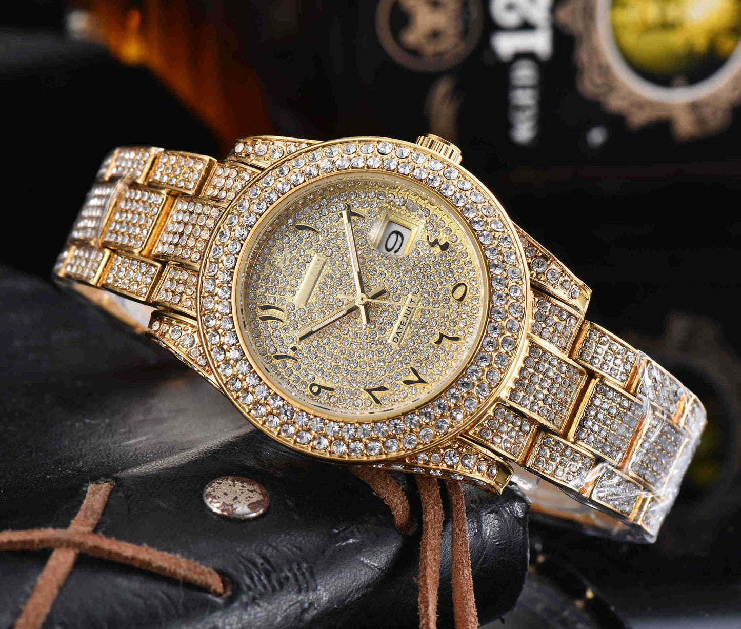 Mens All-Diamond Stainless Steel Quartz Watch