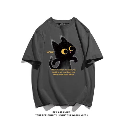 Cute Animal Print Black Cat Loose Fitting Versatile Top For Instagram