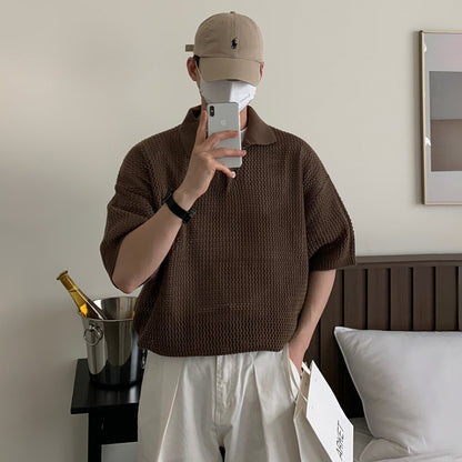 Men's Summer Loose-Fit Lapel Short-Sleeve Hollow-Out Half-Sleeve