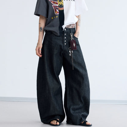 Simple And Versatile Black Raw Denim Wide-leg Jeans