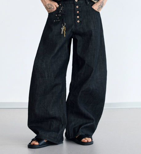 Simple And Versatile Black Raw Denim Wide-leg Jeans