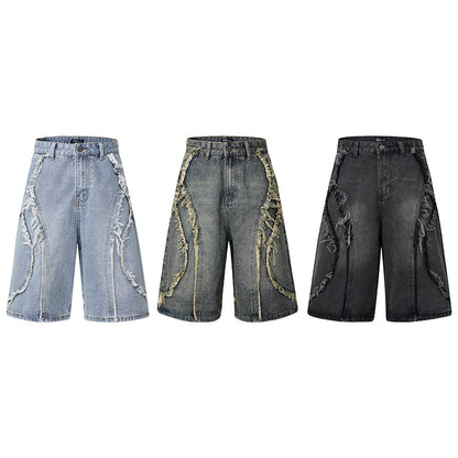 American Pu Shuai Distressed High Street Raw Edge Denim Shorts
