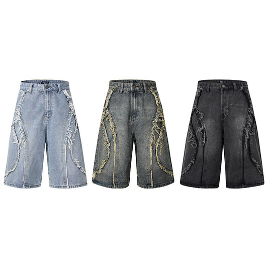 American Pu Shuai Distressed High Street Raw Edge Denim Shorts
