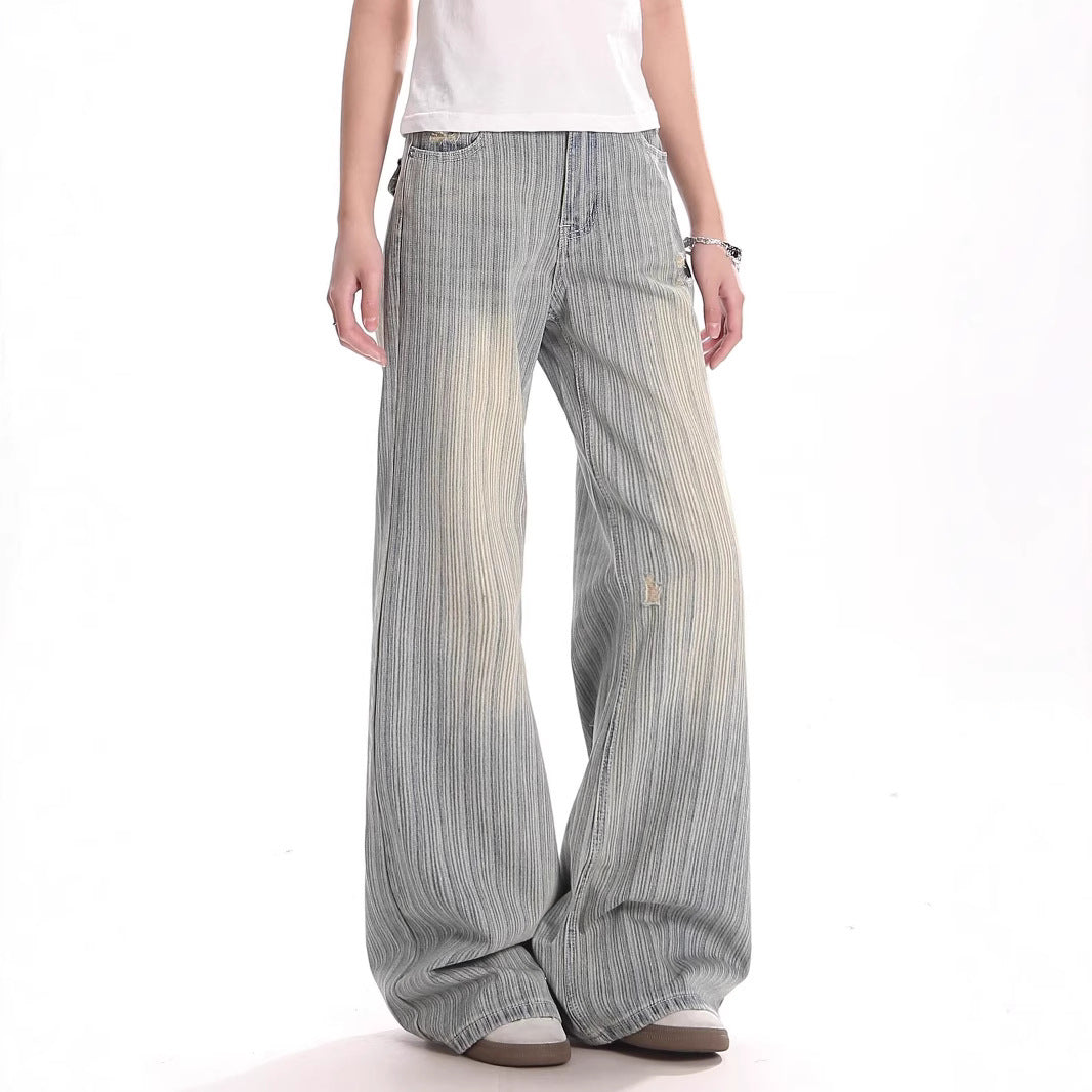 American-style Vintage Washed Denim Jeans With Vertical Stripes