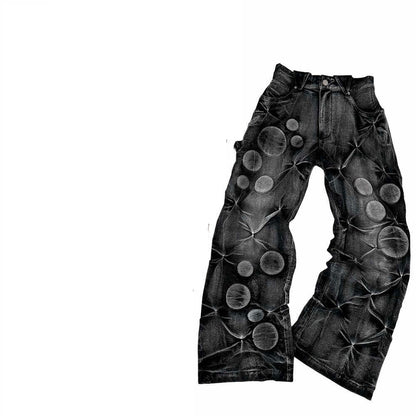 Heavy-wash Faded And Distressed Loose-fit Embroidered Casual Padded Pants