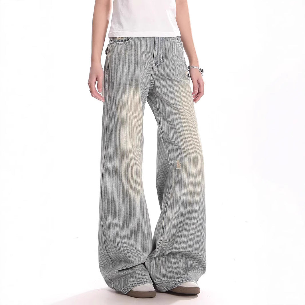 American-style Vintage Washed Denim Jeans With Vertical Stripes