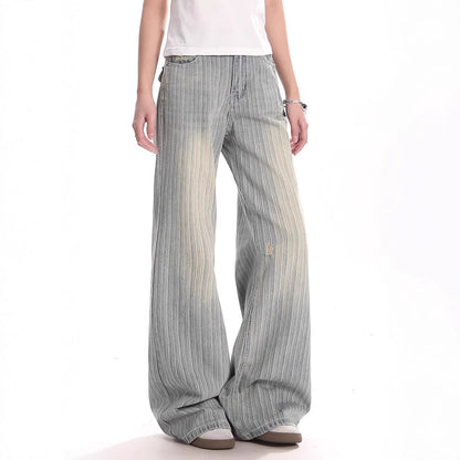 American-style Vintage Washed Denim Jeans With Vertical Stripes