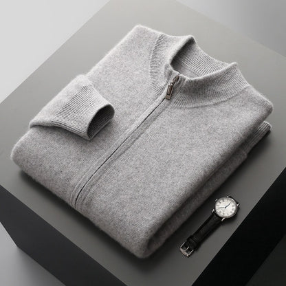 Business Mens Casual Double-Faced Wool Knit Sweater With Zipper In Solid Colors