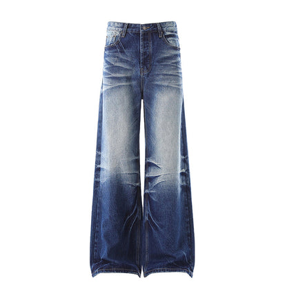 American-style Vintage Washed Distressed High-street Jeans With Whiskering And Creases