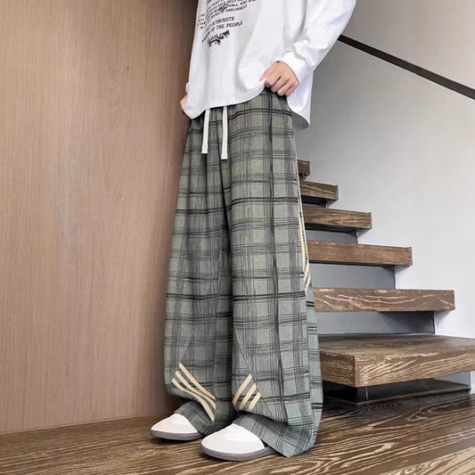 Striped And Plaid Patchwork Versatile Minimalist Straight-leg Wide-leg Sweatpants
