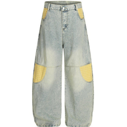 Mens Retro Plaid Patchwork Bootcut Jeans