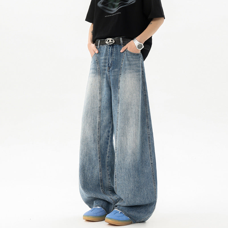 Retro Blue Denim Mens Loose Wide-leg Pants