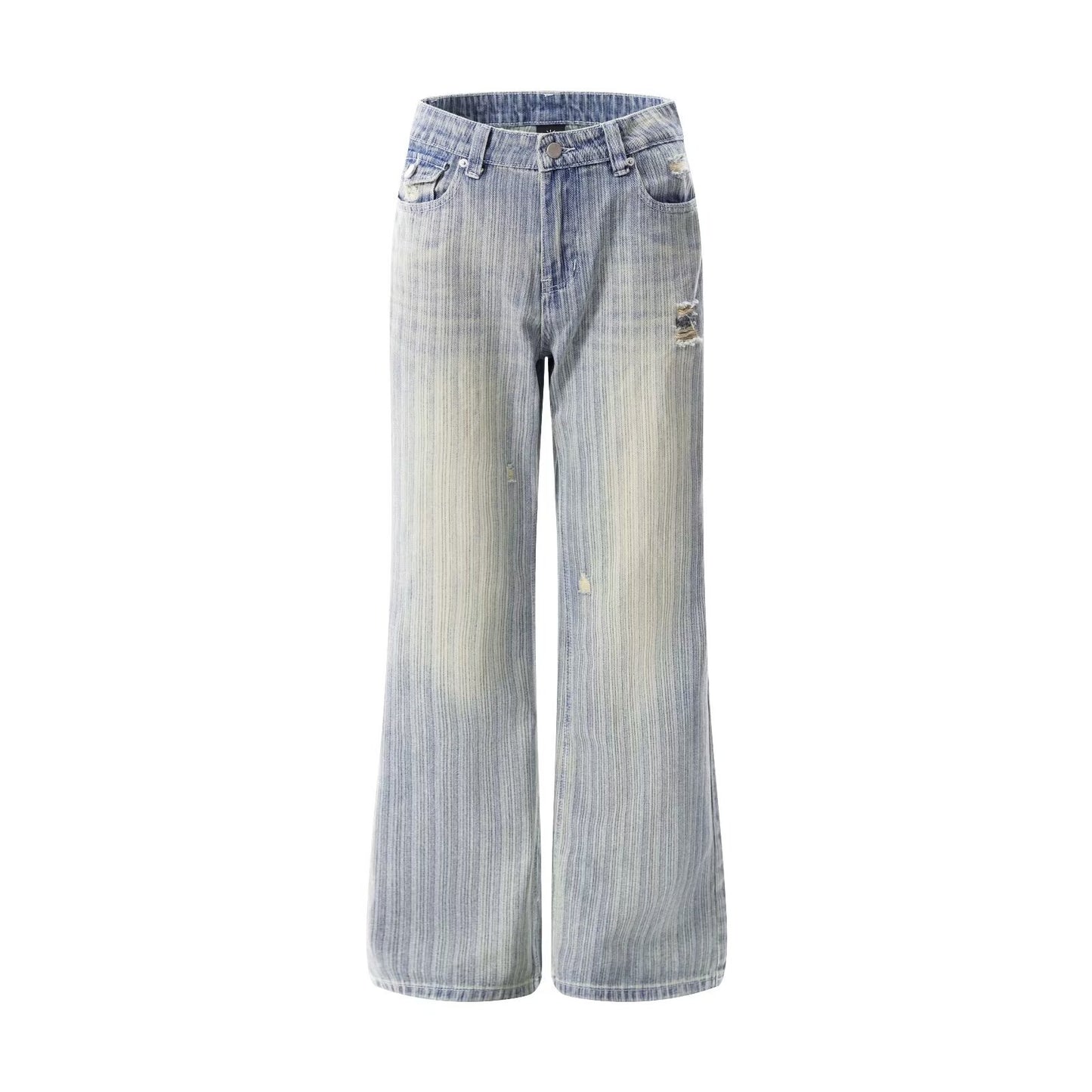 American-style Vintage Washed Denim Jeans With Vertical Stripes