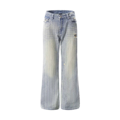 American-style Vintage Washed Denim Jeans With Vertical Stripes