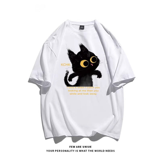 Cute Animal Print Black Cat Loose Fitting Versatile Top For Instagram