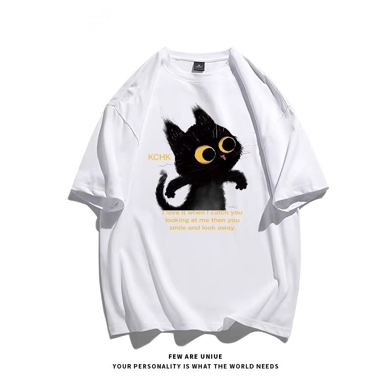 Cute Animal Print Black Cat Loose Fitting Versatile Top For Instagram