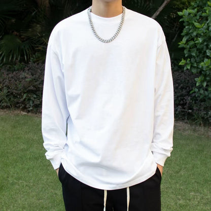 Men's Pure Cotton Thick, Loose-fitting Solid-color Japanese-style Crew-neck Long-sleeve T-shirt