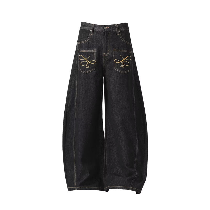 Dark Wash Raw Denim Jeans With Intricate Embroidery American-Style Loose Fit