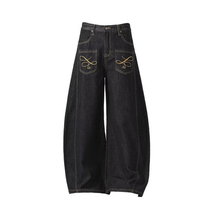 Dark Wash Raw Denim Jeans With Intricate Embroidery American-Style Loose Fit