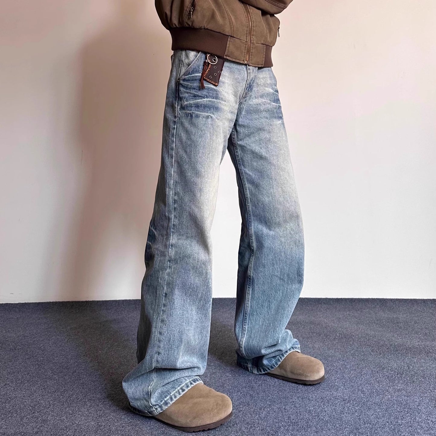 Mens Retro Washed Bleached And Distressed Lightning-Stripe Bamboo-Grain Pants