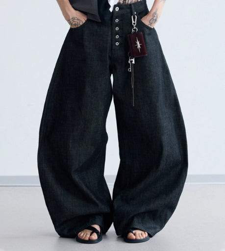 Simple And Versatile Black Raw Denim Wide-leg Jeans
