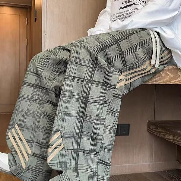 Striped And Plaid Patchwork Versatile Minimalist Straight-leg Wide-leg Sweatpants