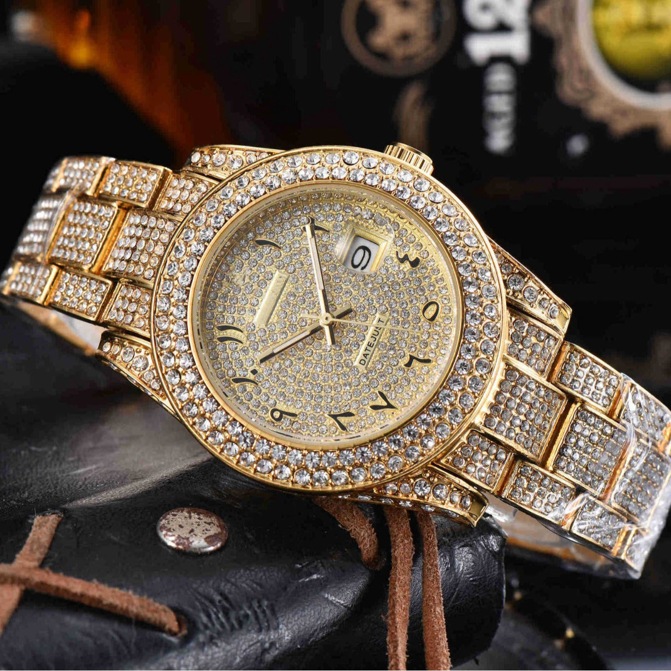 Mens All-Diamond Stainless Steel Quartz Watch