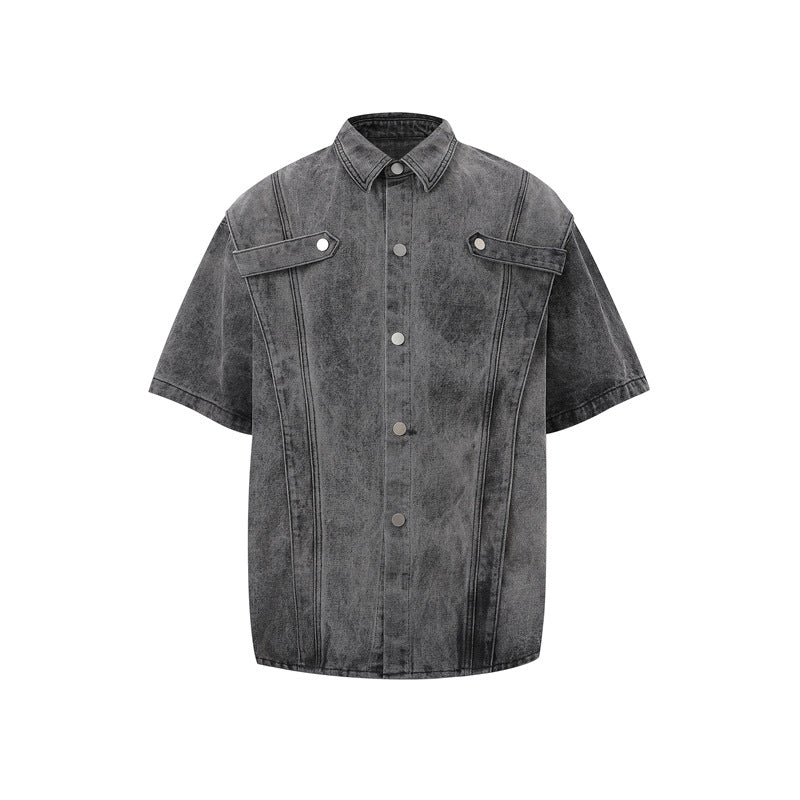 Trendy Edgy High-street Gradient-wash Denim Shirt And Shorts Set