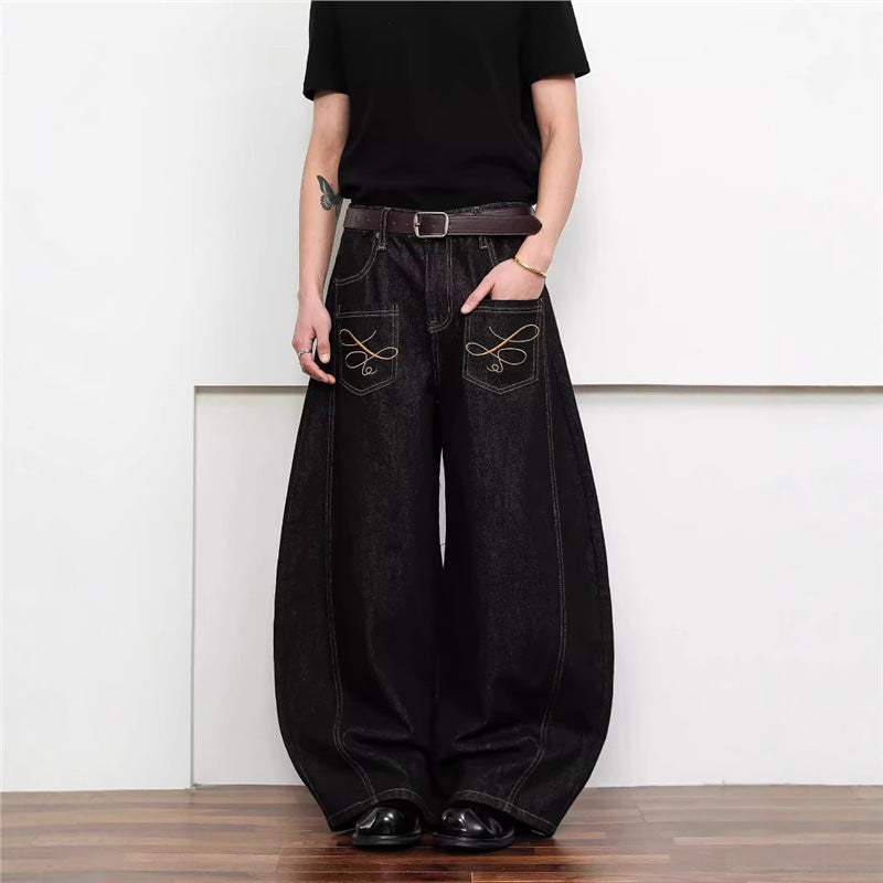 Dark Wash Raw Denim Jeans With Intricate Embroidery American-Style Loose Fit