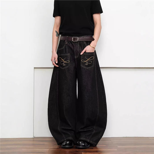 Dark Wash Raw Denim Jeans With Intricate Embroidery American-Style Loose Fit