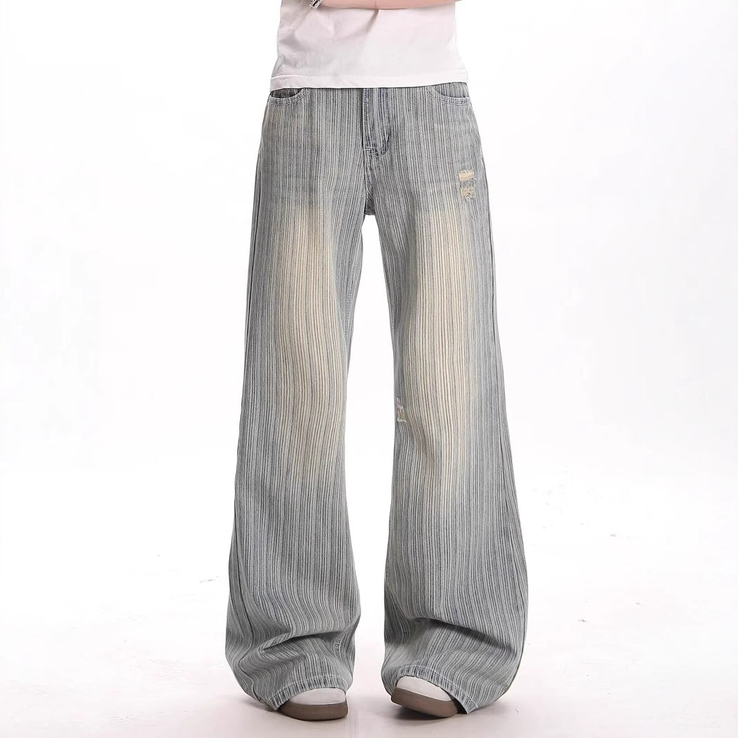 American-style Vintage Washed Denim Jeans With Vertical Stripes