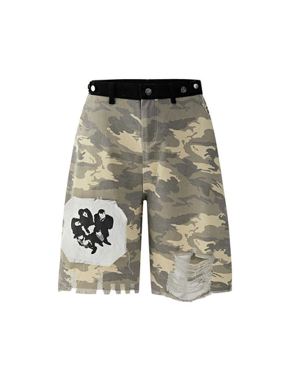 Casual Retro Patch Camouflage Denim Cropped Pants