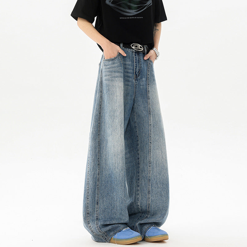 Retro Blue Denim Mens Loose Wide-leg Pants