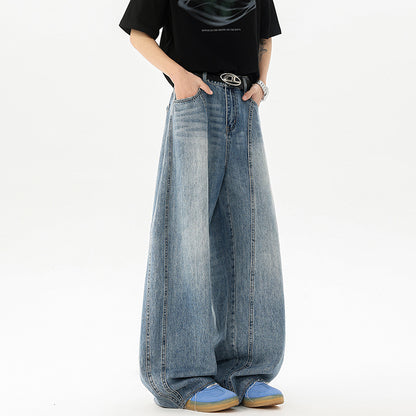 Retro Blue Denim Mens Loose Wide-leg Pants