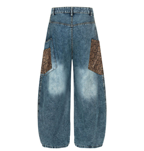 Mens Retro Washed Loose Wide Leg Denim Jeans