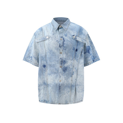 Trendy Edgy High-street Gradient-wash Denim Shirt And Shorts Set