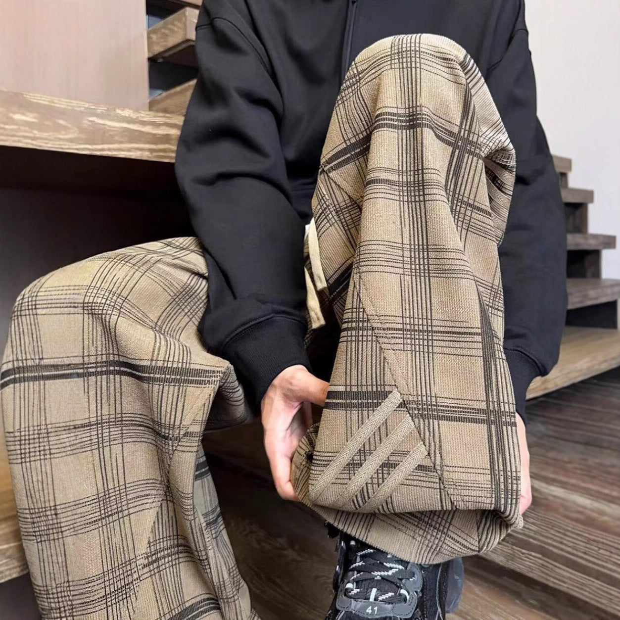 Striped And Plaid Patchwork Versatile Minimalist Straight-leg Wide-leg Sweatpants