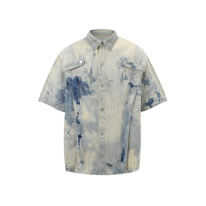 Trendy Edgy High-street Gradient-wash Denim Shirt And Shorts Set