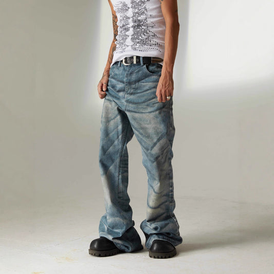 Retro Digital-printed Ripple Denim Jeans For Casual Wear