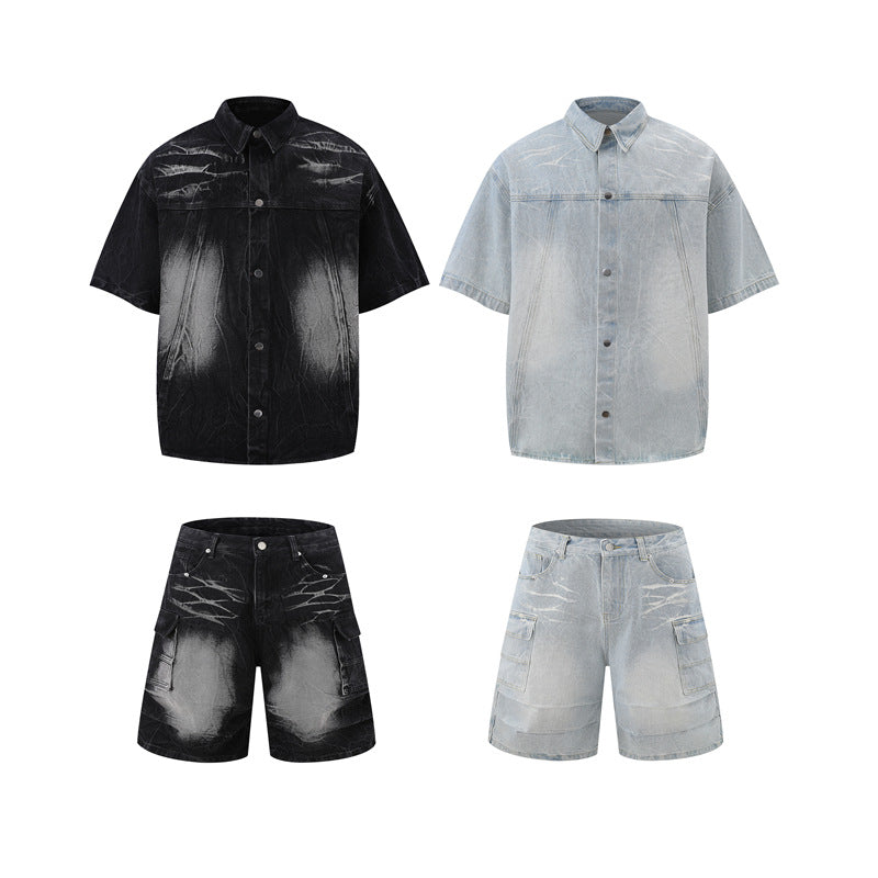 American-style Vintage Washed Summer Loose-fitting Versatile Top And Shorts Set