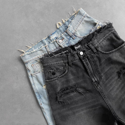 Gothic Style Men's Street Hip-hop Ripped Black Punk Washed Denim Shorts