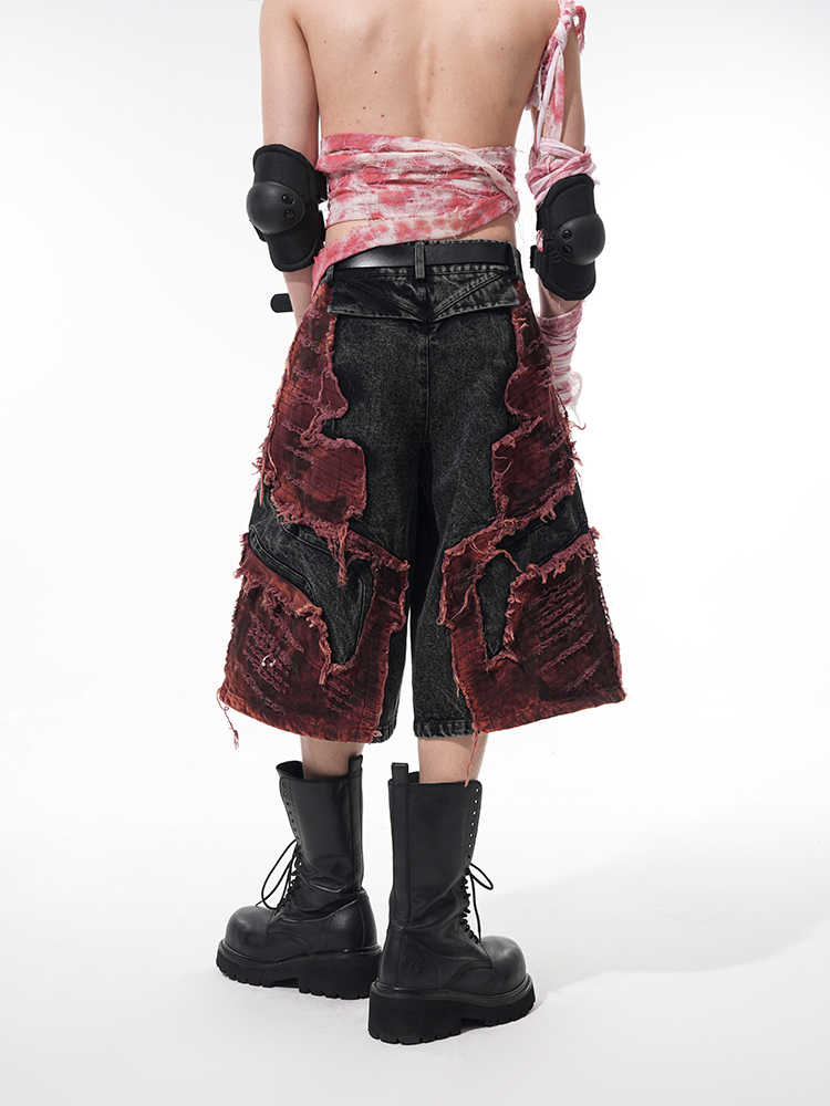 Distressed Brushed Stitching Denim Cropped Pants