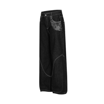 American-style Vintage Snake-pattern Raw Denim Narrow-rise Selvedge Flared Jeans