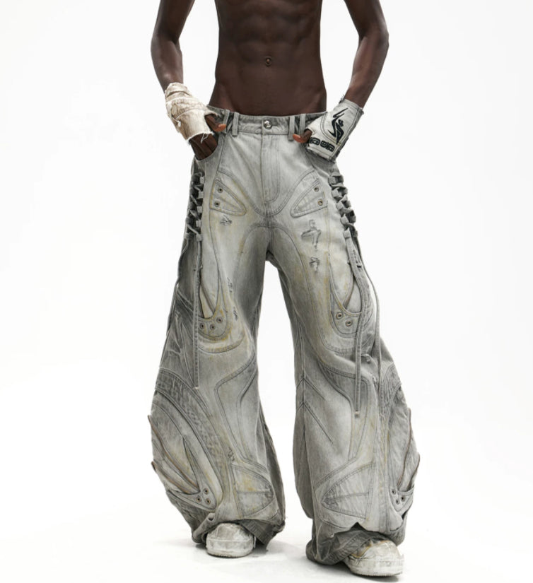 Drawstring Adjustable Silhouette Defining Patchwork Gray Jeans