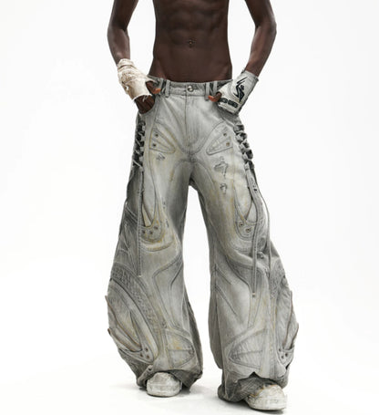 Drawstring Adjustable Silhouette Defining Patchwork Gray Jeans