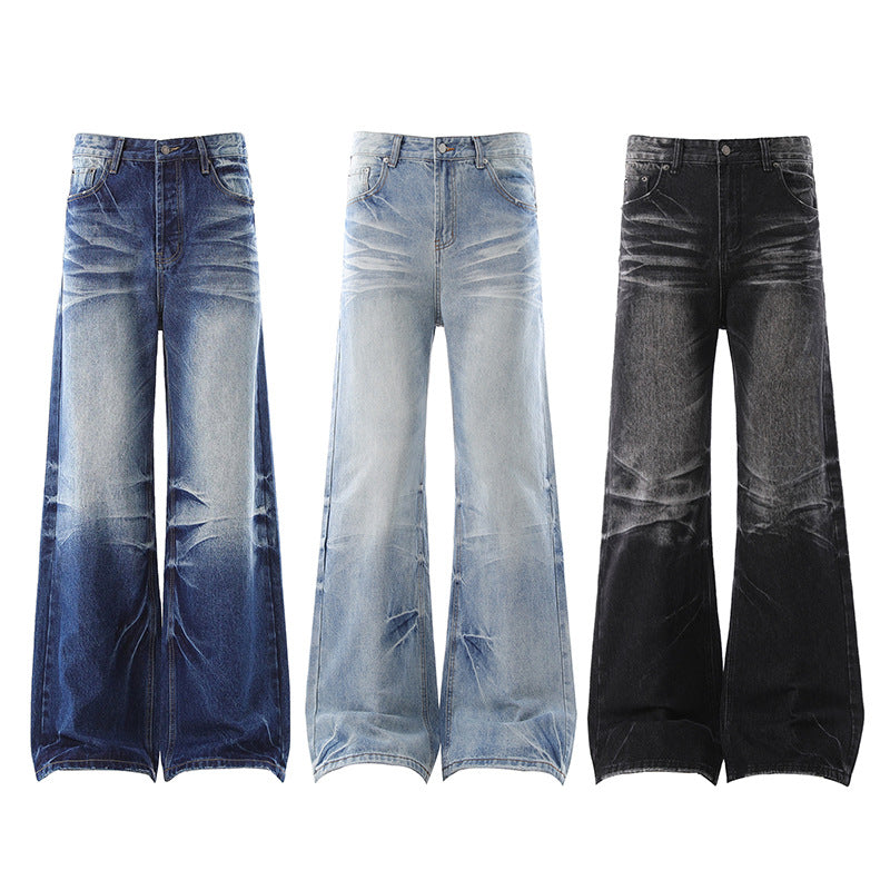 American-style Vintage Washed Distressed High-street Jeans With Whiskering And Creases
