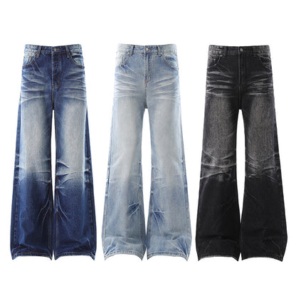 American-style Vintage Washed Distressed High-street Jeans With Whiskering And Creases